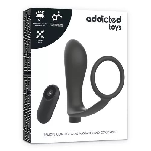 ADDICTED TOYS - PÉNISZGYŰRŰ TÁVIRÁNYÍTÓS ANÁLIS DUGÓVAL, FEKETE ÚJRATÖLTHETŐ