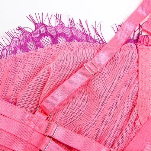 SUBBLIME – 955359 MELLTARTÓ KÉSZLET CSIPKÉVEL ÉS HARISNYAKÖTÉSSEL, RÓZSASZÍN ÉS LILA S/M