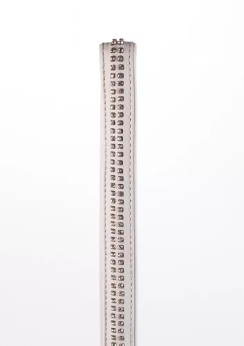 Manico in pelle d'agnello con 2 file di piccoli strass e catena metallica bianca