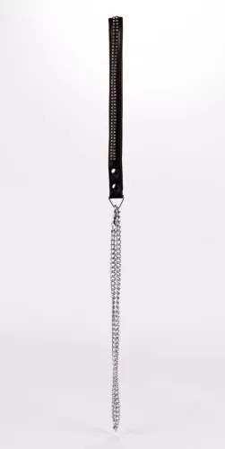 Manico in pelle d'agnello con 2 file di piccoli strass e catena metallica nera